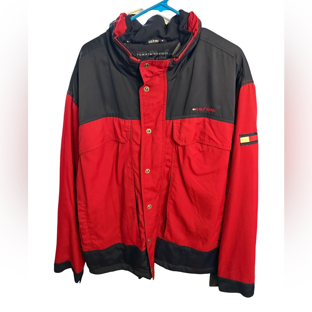 Tommy Hilfiger Vintage Men's Red and Blue Stowaway Hood Fleece-lined Jacket